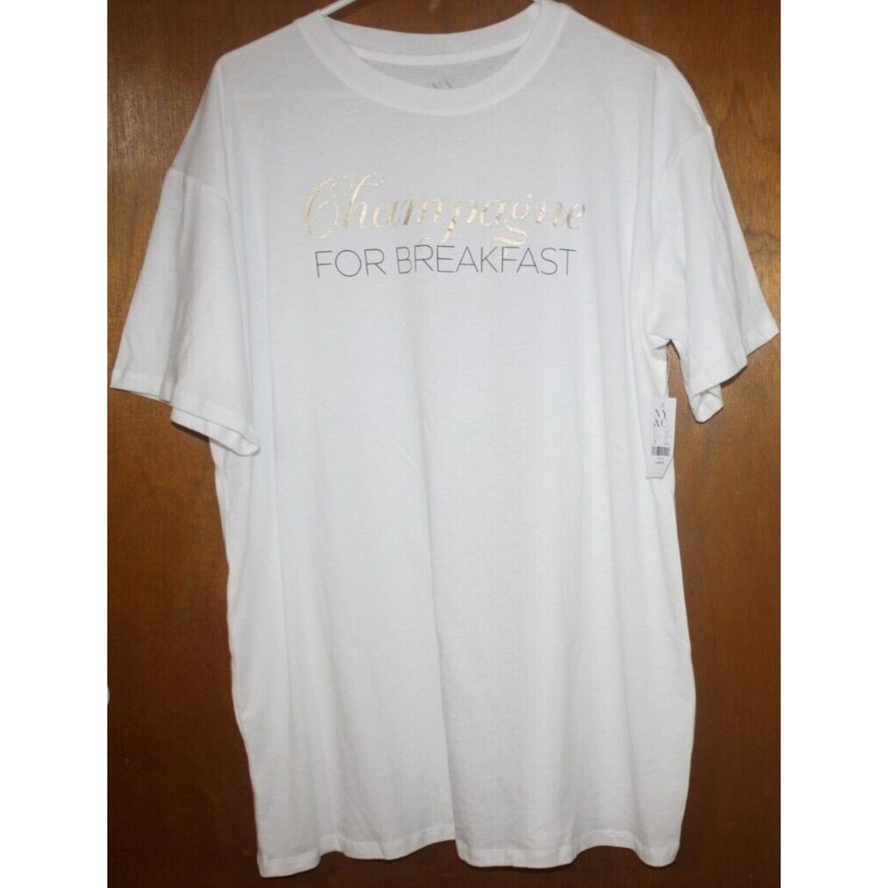 NY&C White T-Shirt Sz L Graphics "Champagne For Breakfast" SS Summer Beach NWT